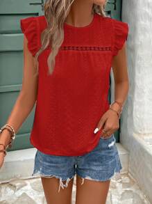 SHEIN Frenchy Eyelet Embroidery Ruffle Trim Round Neck Lace Trimmed Tee Christmas Summer New Year Red - Red - View 5