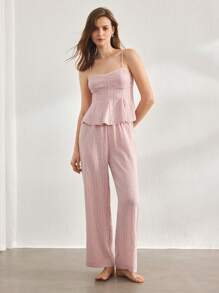 Ocili Leisure Pink Striped Casual Women's Pajama Set Outfit - Pink - View 3