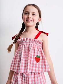 SHEIN Conjunto de niña joven con blusa de cuadros, camiseta con lazo y shorts con dobladillo de volantes - Multicolor - Ver 2