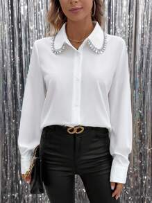 Gownix Áo sơ mi trơn màu đính đá trang trí cho nữ, áo dài tay - trắng - Xem 4