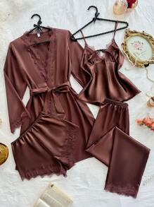 SilkySpell Conjunto de pijama de 4 piezas para mujer con top de camiseta de encaje sexy, shorts con adorno floral, pantalones y bata de seda con cinturón, color café, ropa de otoño e invierno cómoda y elegante - Café integral - Ver 1