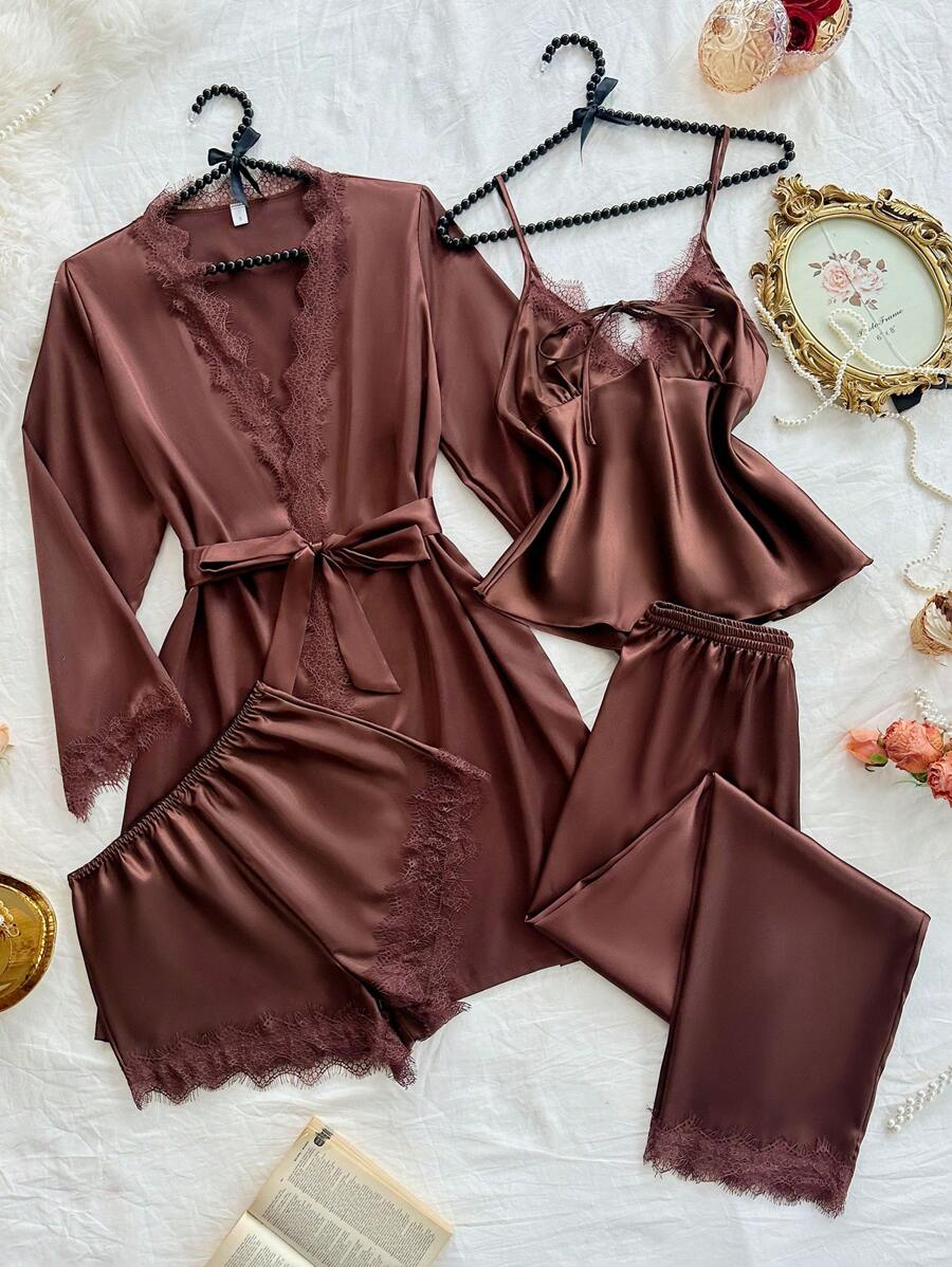 SilkySpell Conjunto de pijama de 4 piezas para mujer con top de camiseta de encaje sexy, shorts con adorno floral, pantalones y bata de seda con cinturón, color café, ropa de otoño e invierno cómoda y elegante - Café integral - Ver 1