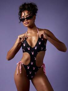 Missguided x Playboy Đồ bơi Monokini một mảnh có đường cắt bên hông Bộ đồ tắm bãi biển mùa hè Trang phục bơi tiệc hồ bơi Đồ bơi hở chân cao mặc ở khu nghỉ dưỡng - màu đen - Xem 4