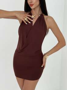 Aloruh Vestido curto casual metálico com decote profundo e drapeado para moças, cor marrom, adequado para férias de primavera/verão