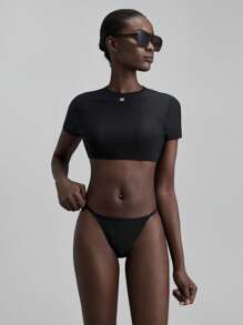 Ontre Women's Black Summer Cute Beach Party Swimwear Set, Resin Ring Design Round Neck Short Sleeve Top&Skirt-Style Swim Bottoms, Old Money Holiday Apparel - Black - View 3