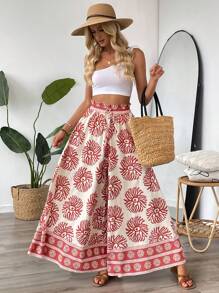 Chiquease Pantalones de pierna ancha con estampado floral y cintura de encaje para mujer, elegantes y casuales, ideales para la playa, vacaciones, festivales de música, escuela, viajes y uso diario