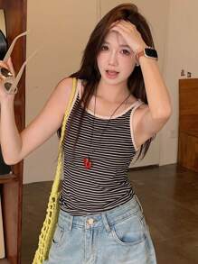 DAZY Women Striped Sleeveless Tank Top, Fashionable For Summer - Black and White - View 2