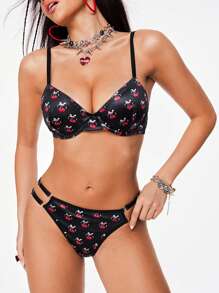 Notgurli 2 件套女士内衣套装带钢圈 3/4 罩杯樱桃花卉印花支撑甜美可爱，卡哇伊 - 黑色 - 查看 1