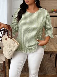 Weeklong Plus Size Casual Vacation Plaid Ruffle Trim 3/4 Sleeve Blouse