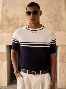 Manfinity BRENVOR Camiseta casual de lujo para hombre con diseño de patchwork a rayas y contraste de colores - Blanco y Negro - Ver 3