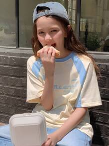 DAZY Tween 女童休闲运动字母印花撞色插肩短袖 T 恤，夏季，返校服