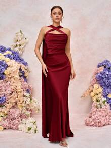 SHEIN Belle Abito da damigella d'onore elegante e romantico in chiffon opaco con drappeggio, spalle scoperte, senza spalline, aderente, a sirena