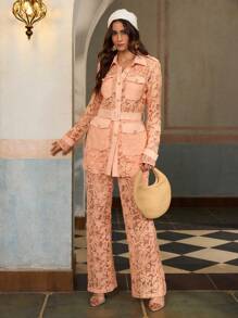 ZEYLAH 2pcs Set: Lace Utility Pocket Long Sleeve Shacket & Lace Wide Leg Pants - Pink - View 6