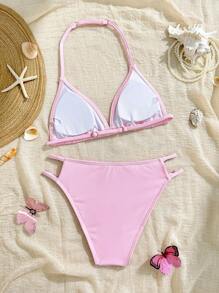 Ensemble de bikini pour préadolescentes, en tissu rose clair spécial, avec décoration de coquillage, design ras-du-cou, élégant et gracieux, idéal pour les vacances