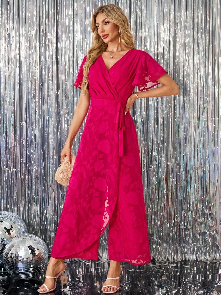 SHEIN Clasi 紫红色激光切割雪纺荷叶边袖连体裤 女士优雅夏季服装 度假服装 商务休闲女装 可爱夏季西装 波西米亚风女装 复活节服装 女士狂欢服装 节日音乐会婚礼宾客礼服 女士婚礼宾客礼服 花卉荷叶边 - 玫紅色 - 查看 1