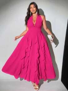 Viva Relle 大码女式优雅纯色露背蝴蝶结荷叶边下摆波浪海滩生日派对俱乐部音乐节连衣裙，春夏新品