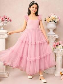 Pitira Pitira Tween Girl Elegant Pink Mesh Ruffle Hem Summer Dress - Pink - View 8