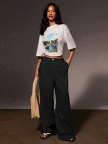 Athîral Pantaloni casual larghi e comodi da donna in colore tinta unita, con pieghe e tasche