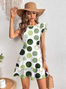 SHEIN Clasi Green Polka Dot Print Mini Dress For Women,Vacation Outfits Woman