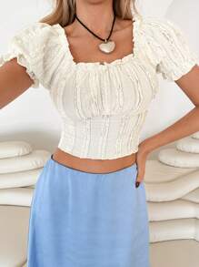 Roylia Blusa corta con mangas abullonadas y volantes en el borde - Albaricoque - Ver 5