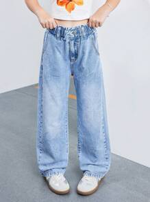 Girls Floral Print High Waist Versatile Wide Leg Jeans - Light Wash - View 1