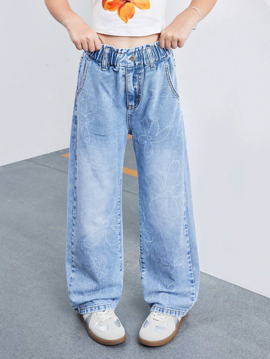 Girls Floral Print High Waist Versatile Wide Leg Jeans - Light Wash - View 1