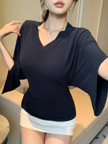 DAZY 女式 V 领蝙蝠袖修身罩衫，夏季短袖 T 恤 - 藏蓝色 - 查看 4