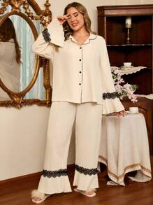 Conjunto de pijama plus size feminino, 2 peças/conjunto, blusa e calça estilo francês, roupas de outono - Multicolorido - Ver 6