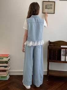 DAZY 女童牛仔背心，蕾丝拼接和蝴蝶结，直筒裤套装，夏季，返校服 - 藍白色 - 查看 6
