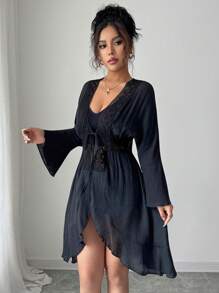 Elenzga Elenzga Women's Summer V-Neck Waistline Embroidered Lace Trim Design Shirt, Front Tie Detail, Flare Cuffs & Hem, Hollow Waist Pleated Sheer Elegant Mid-Length Blouse, Suitable For Everyday & Casual Wear