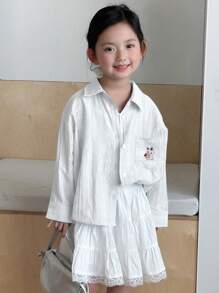 DAZY 年轻女孩休闲纯色刺绣长袖衬衫 - 白色 - 查看 4