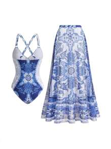 Swim Oasis 佩斯利宫廷印花优雅高端奢华两件套女式套裙
