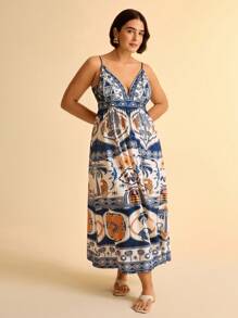 CAJUNI 女式波西米亚豹纹、棕榈树、龟背竹、热带花卉印花 V 领无袖长裙，大码休闲海滩度假连衣裙