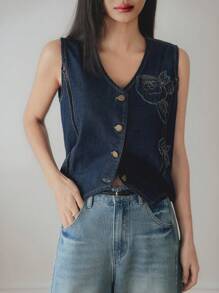 Dazy-Less 女士休闲花卉刺绣牛仔背心，适合春夏秋季商务、办公室、通勤 - 深色水洗藍 - 查看 3