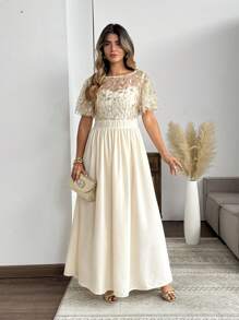 SHEIN Clasi Plus Size Women's Gold Summer Elegant Wedding Guest Sequin & Beaded Floral Pattern Mesh Panel Shiny Maxi Dress,Ladies Party Wedding Cocktail Gown - Champagne - View 6
