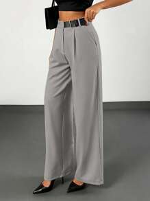 EURMUSE Elegant Style, Straight Leg, Half Leather Belt Detailed Pant - Grey - View 5