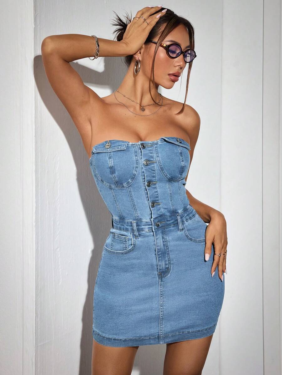 SHEIN PETITE Strapless Denim Mini Dress, Stretchy Bodycon Sleeveless Denim Dress Suitable For Petite Women In Summer - Light Wash - View 1