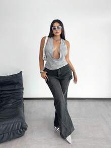 POPSWAY 大码女式纯色垂坠领无袖性感上衣，夏季