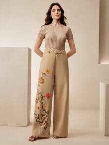 Anewsta Pantalon évasé avec ceinture à boucle et détail d'appliqués à impression florale