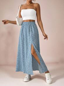 SHEIN VCAY Falda casual de talla grande para mujeres con estampado floral diminuto y aberturas laterales para el verano y vacaciones