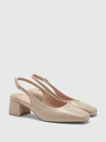 CUCCOO BIZCHIC 女士时尚杏色 PU 皮革后带经典低跟平底鞋，通勤、约会、派对、度假、休闲扣带高跟鞋 - 杏色 - 查看 2