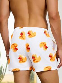 CoralVoy Men's Cartoon Duck Print Drawstring Waist Pocket Beach Shorts (Asymmetrical Cut), Hawaiian - White - View 2