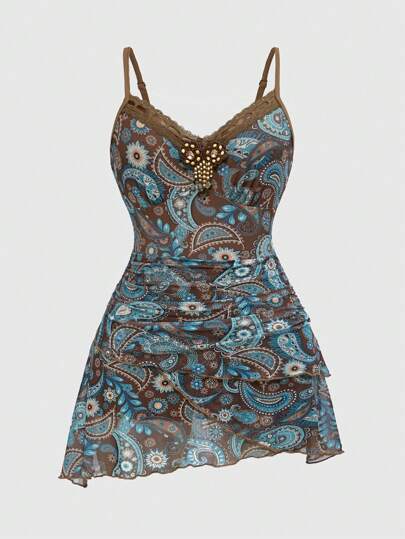 Women's Vintage Hippie Ruffled Ribbon & Lace Paisley Print Mini Dress