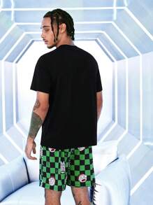 Rick and Morty X SHEIN Men's Funny Cartoon Pattern Short Sleeve Top And Checkerboard Shorts Pajama Set, Comfortable Fabric For Everyday Wear