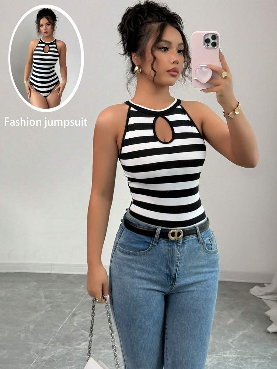 Elenzga 女士修身条纹镂空连体衣 - 黑與白 - 查看 1