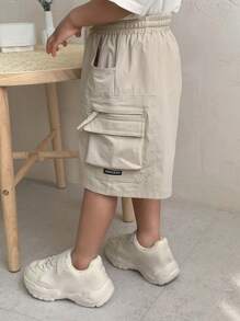 DAZY 小男孩字母印花抽绳腰部工装口袋短裤 - 米色 - 查看 6