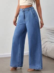 SHEIN Tall Jeans de pierna acampanada de ajuste holgado para mujeres, azul
