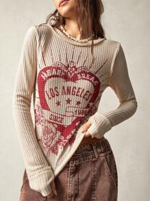 Bohemela Plus Size Letter Print Round Neck Casual Versatile Long Sleeve T-Shirt,Vintage - Apricot - View 4