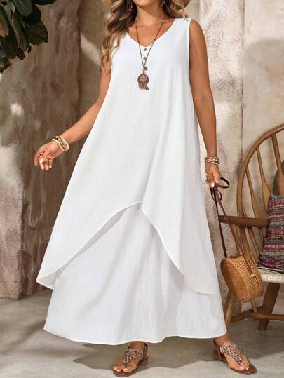 EMERY ROSE Plus Size Women Summer Vacation V-Neck Sleeveless 2 In 1 Long White Dress,Summer Holiday,Vacation Outfits Women,Simple And Fashionable For Everyday Wear,Vacay Vibes,Springbreak,Casual Wear SS,Bohemia,Flowy Dress