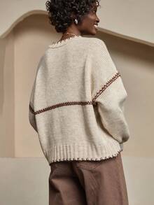 Bóhologie Suéter cálido y acogedor de calidad premium con ribete de contraste para mujer